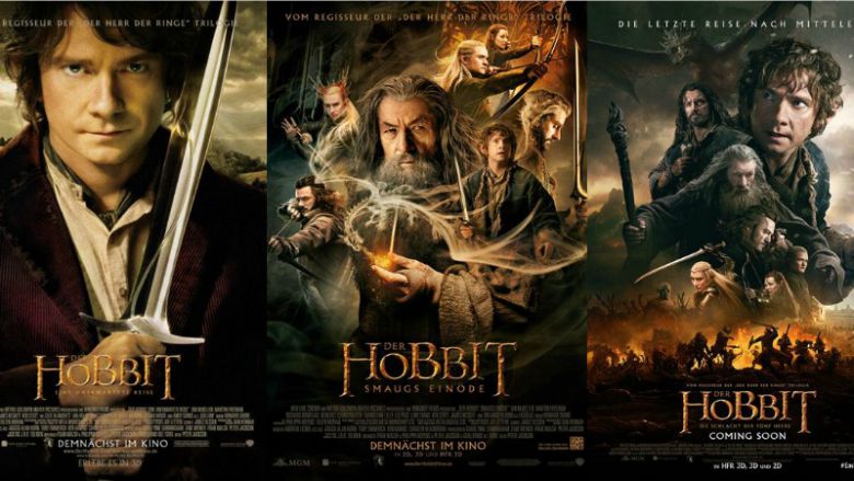 Links: Plakat zu "Der Hobbit: Eine unerwartete Reise" (2012) / Mitte: Plakat zu "Der Hobbit: Smaugs Einöde" (2013) / Rechts: Plakat zu "Der Hobbit: Die Schlacht der fünf Heere" (2014)
