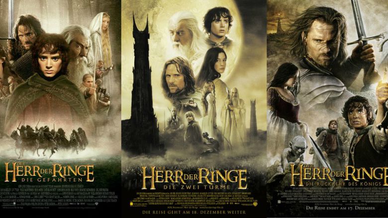 Links: Kinoplakat zu "Der Herr der Ringe: Die Gefährten" (2001) / Mitte: Kinoplakat zu "Der Herr der Ringe: Die zwei Türme" (2002) / 
Rechts: Kinoplakat zu "Der Herr der Ringe: Die Rückkehr des Königs" (2003)