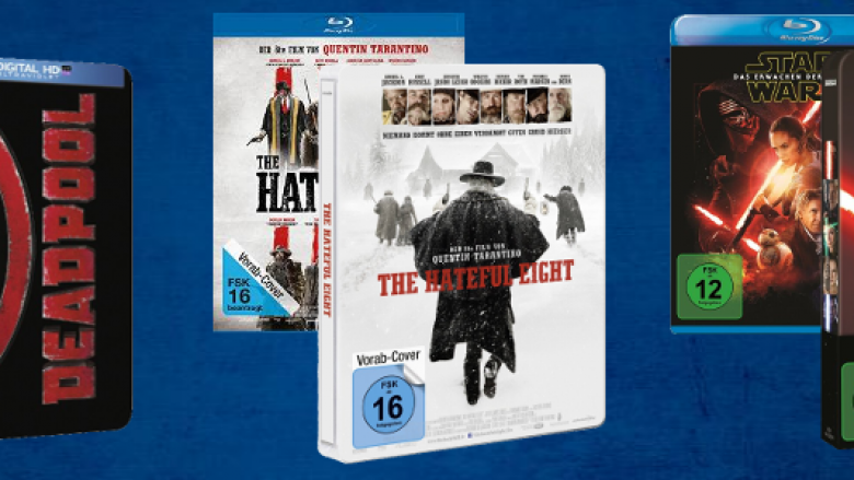 Steelbook-Cases zu "Deadpool", "The Hateful Eight" und "Star Wars: Das Erwachen der Macht"