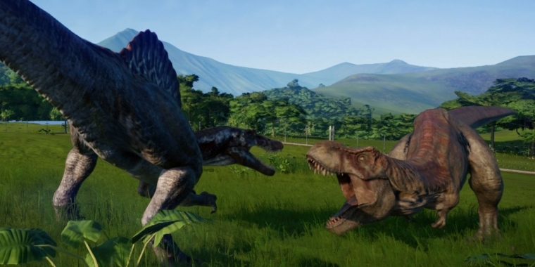 Dinosaurier-Kampf im Managerspiel Jurassic World Evolution