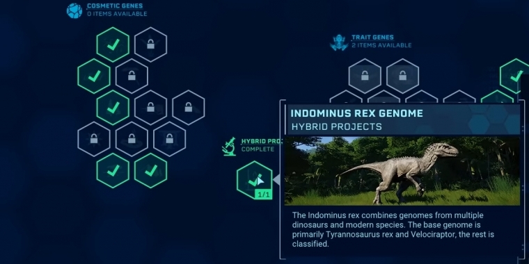 Menü-Ansicht aus Jurassic World Evolution für den Indominus Rex des Aufbauspiels für den Dinopark.